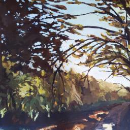 painting of light falling on a path through autumnal trees