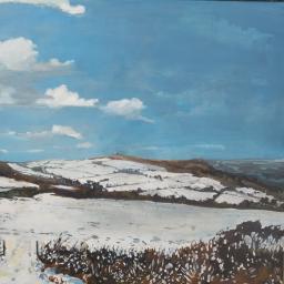 painting of a snowy carn brea