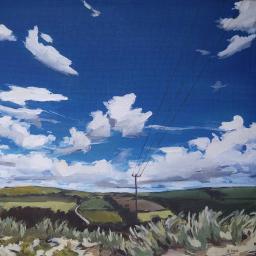 painting of green sand dunes and fields