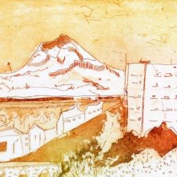 Etching of mountain and tall building