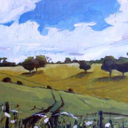 painting of trees in a field.