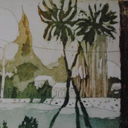 Etching of cityscape