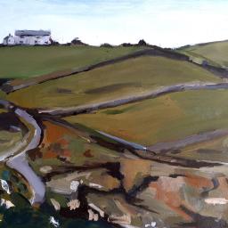 painting of hillside and road 