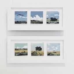 Two white framed tryptics of blue skies and trees