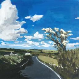 Painting of road with Hawthorn bush