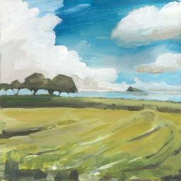painting of field and trees with st micheals mount